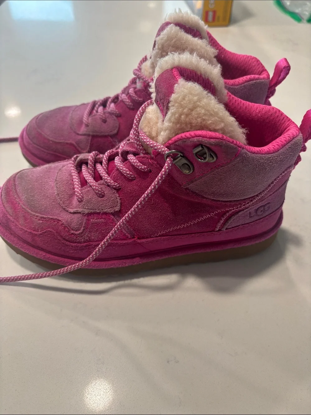 UGG Kids Hot Pink Suede Shearling-Lined Lace-Up Boots
